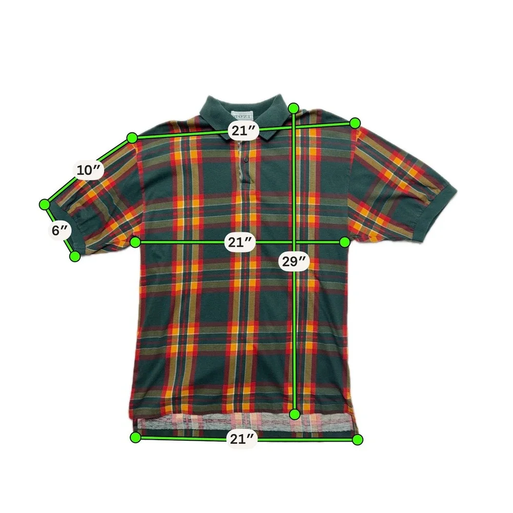 IZOD Plaid Polo Shirt Mens Medium Green Red Yellow Golf Preppy Vintage Style - Picture 9 of 14